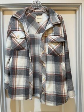 Thread & Supply Plaid Teddy Shacket in Gray, Cream & Brown Tones